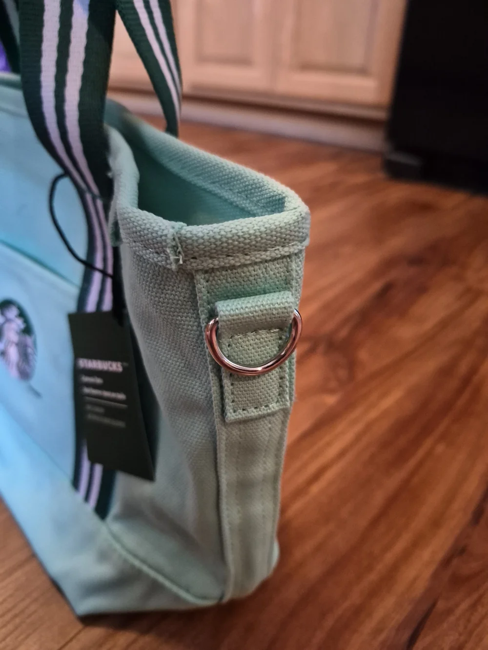 Starbucks Mint Green Canvas Tote with Striped Handles